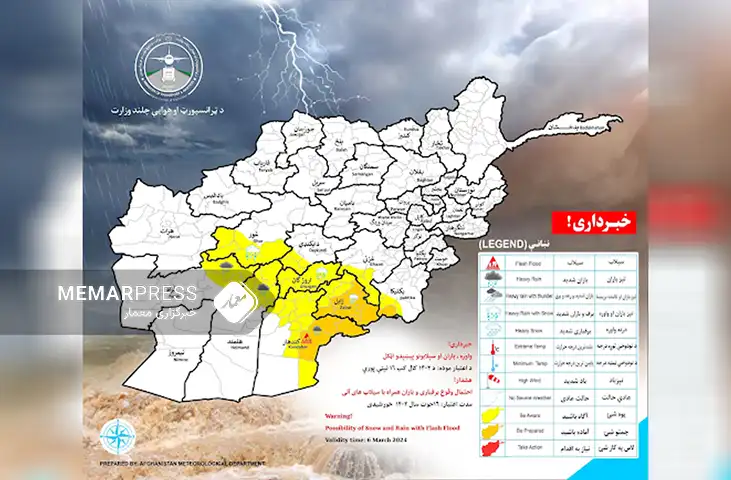 هشدار یاست هواشناسی نسبت به بارش برف‌ و باران شدید در ٩ ولایت کشور