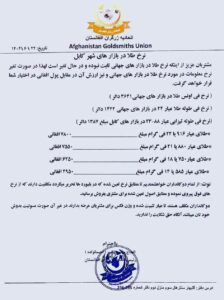 نرخ طلا بازار امروز کابل شنبه 22 شهریور سنبله 1404