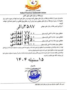 نرخ طلادر افغانستان امروز15 سنبله 1404