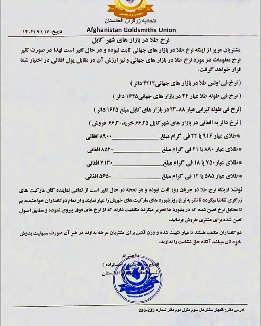 نرخ طلا در افغانستان امروز سهشنبه 18 قوس / آذر ۱۴۰۴ نرخ طلا در افغانستان امروز سهشنبه 18 قوس / آذر ۱۴۰۴