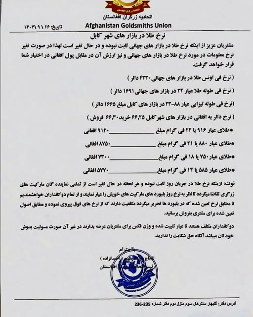 نرخ طلا در افغانستان امروز پنجشنبه 27 قوس / آذر ۱۴۰۴ نرخ طلا در افغانستان امروز پنجشنبه 27 قوس / آذر ۱۴۰۴