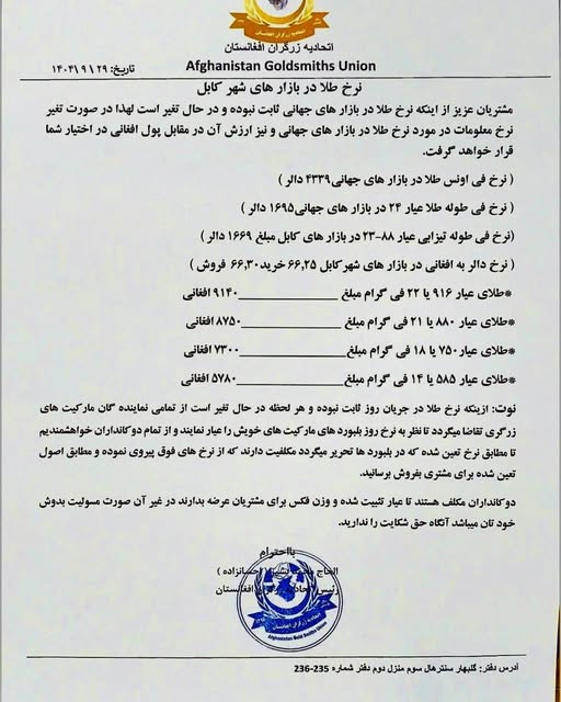 نرخ طلا در افغانستان امروز یکشنبه 30 قوس / آذر ۱۴۰۴ نرخ طلا در افغانستان امروز یکشنبه 30 قوس / آذر ۱۴۰۴