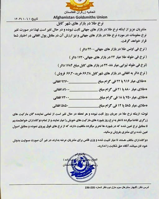 نرخ طلا در افغانستان امروز دوشنبه 1 جدی / دی ۱۴۰۴ نرخ طلا در افغانستان امروز دوشنبه 1 جدی / دی ۱۴۰۴