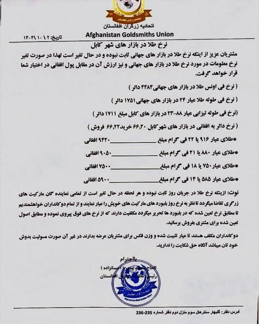 نرخ طلا در افغانستان امروز چهارشنبه 3 جدی / دی ۱۴۰۴ نرخ طلا در افغانستان امروز چهارشنبه 3 جدی / دی ۱۴۰۴