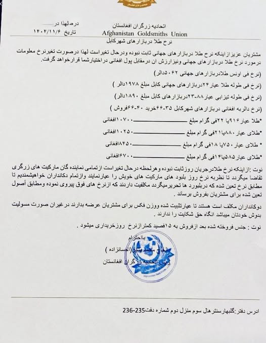 نرخ طلا در افغانستان امروز سه‌شنبه 7 دلو / بهمن ۱۴۰۴