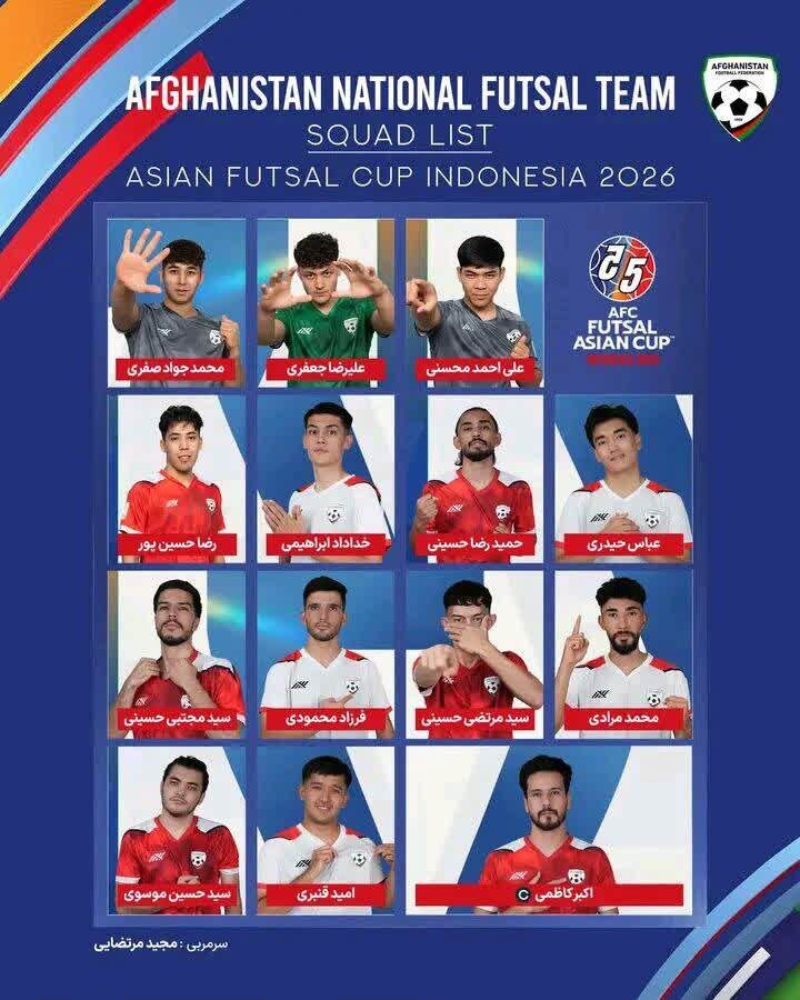 فهرست تیم ملی افغانستان برای جام ملتهای فوتسال آسیا ۲۰۲۶ اعلام شد فهرست تیم ملی افغانستان برای جام ملتهای فوتسال آسیا ۲۰۲۶ اعلام شد