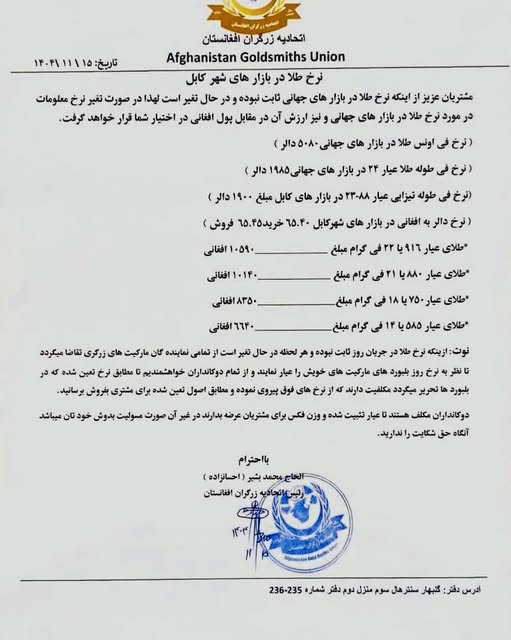 نرخ طلا در افغانستان امروز چهارشنبه 15 دلو / بهمن ۱۴۰۴ نرخ طلا در افغانستان امروز چهارشنبه 15 دلو / بهمن ۱۴۰۴