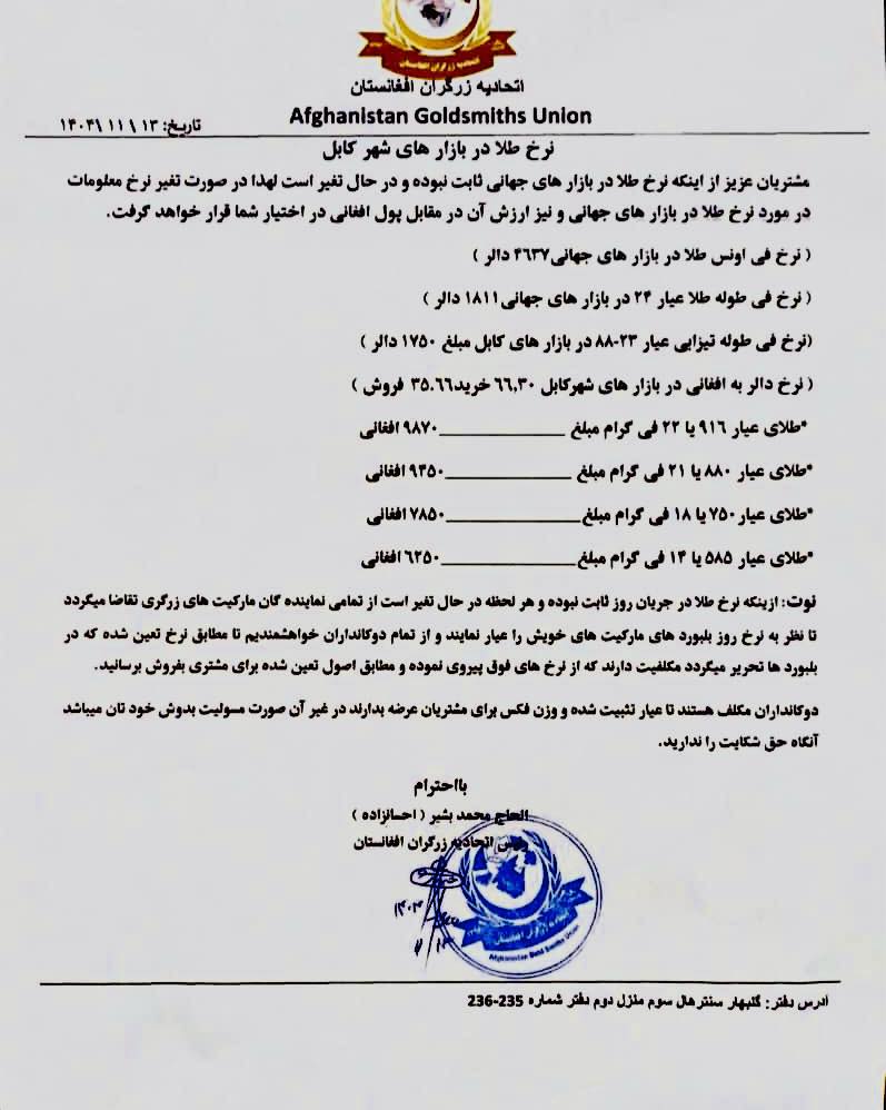 نرخ طلا در افغانستان امروز دوشنبه 13 دلو / بهمن ۱۴۰۴ نرخ طلا در افغانستان امروز دوشنبه 13 دلو / بهمن ۱۴۰۴