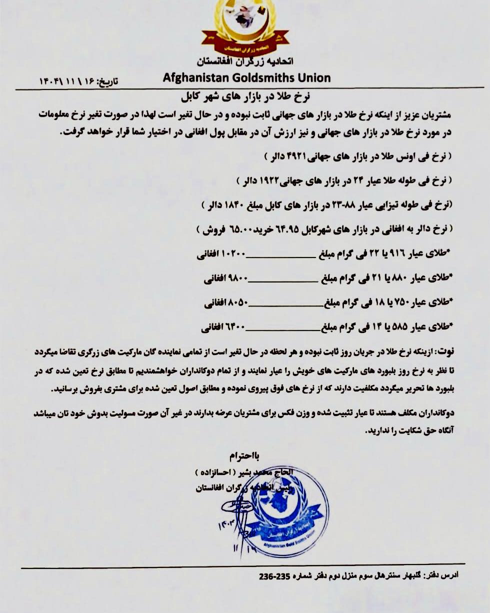 نرخ طلا در افغانستان امروز جمعه 17 دلو / بهمن ۱۴۰۴ نرخ طلا در افغانستان امروز جمعه 17 دلو / بهمن ۱۴۰۴