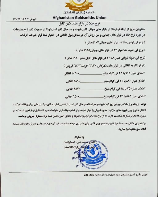 نرخ طلا در افغانستان امروز یکشنبه 3 حوت / اسفند ۱۴۰۴ نرخ طلا در افغانستان امروز یکشنبه 3 حوت / اسفند ۱۴۰۴