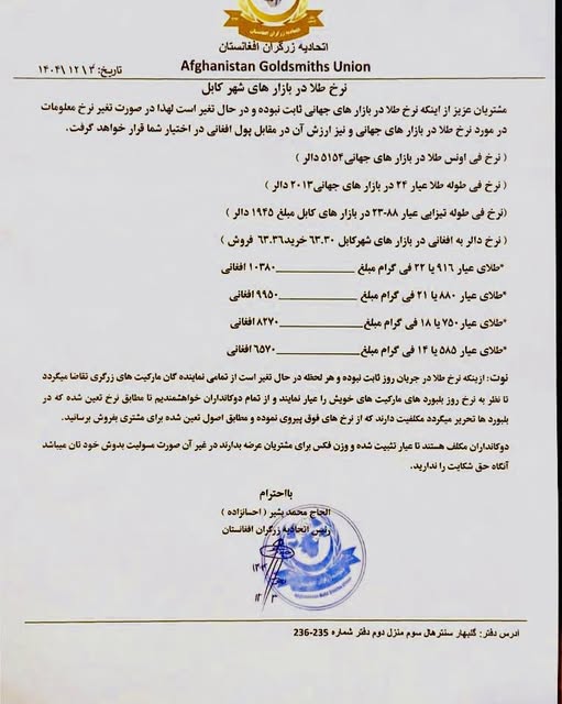 نرخ طلا در افغانستان امروز سهشنبه 5 حوت / اسفند ۱۴۰۴ نرخ طلا در افغانستان امروز سهشنبه 5 حوت / اسفند ۱۴۰۴