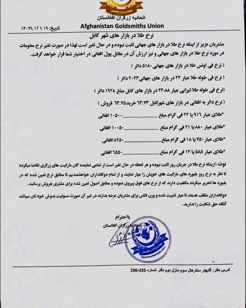 نرخ طلا در افغانستان امروز سه‌شنبه 19 حوت / اسفند ۱۴۰۴