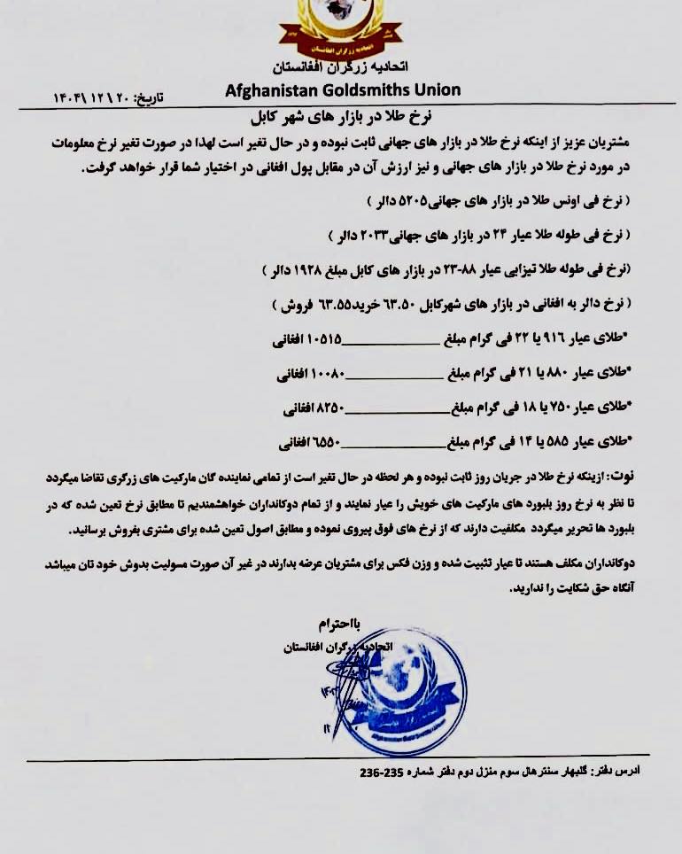 نرخ طلا در افغانستان امروز چهارشنبه 20 حوت / اسفند ۱۴۰۴