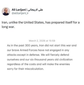 علی لاریجانی: برخلاف آمریکا، ایران برای جنگ طولانی مدت آماده‌ است