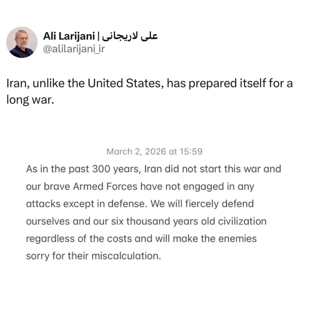 علی لاریجانی: برخلاف آمریکا، ایران برای جنگ طولانی مدت آماده است