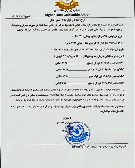 نرخ طلا در افغانستان امروز پنجشنبه 6 حمل / فروردین ۱۴۰۵