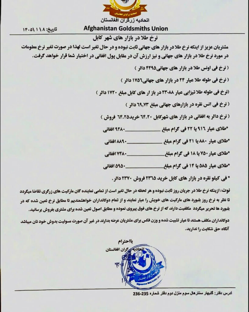 نرخ طلا در افغانستان امروز شنبه 8 حمل / فروردین ۱۴۰۵