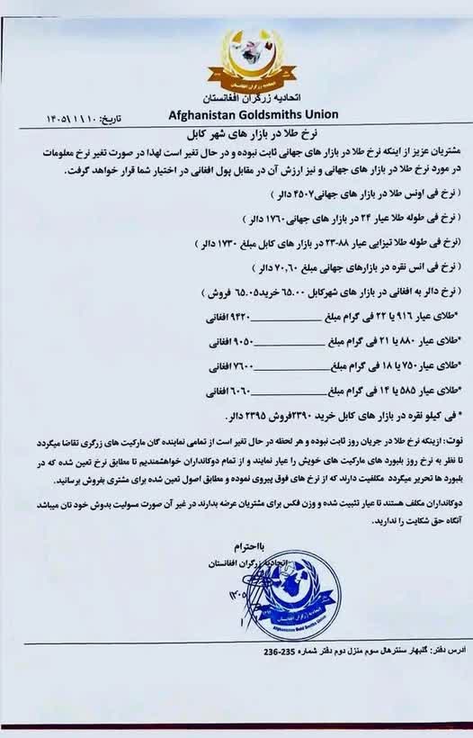 نرخ طلا در افغانستان امروز دوشنبه 10 حمل / فروردین ۱۴۰۵