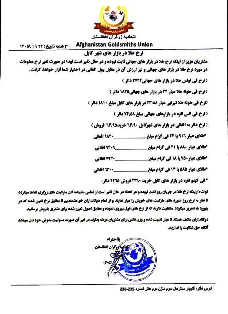 نرخ طلا در افغانستان امروز دوشنبه 24 حمل / فروردین ۱۴۰۵ نرخ طلا در افغانستان امروز دوشنبه 24 حمل / فروردین ۱۴۰۵