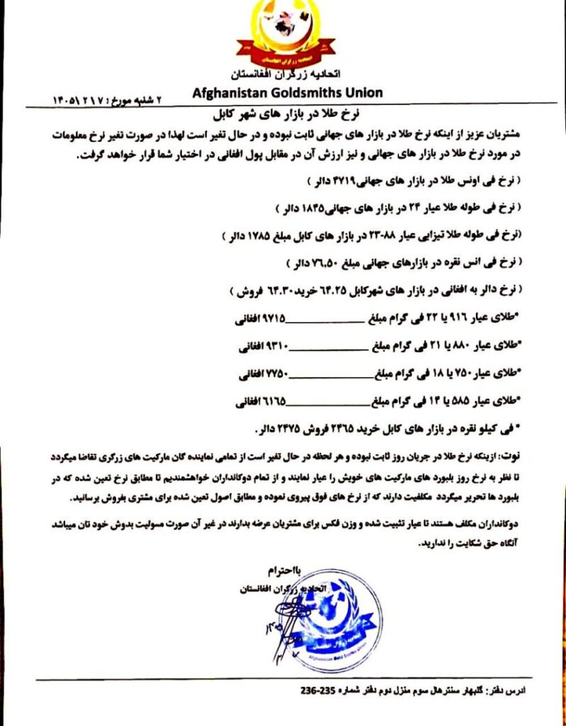 نرخ طلا در افغانستان امروز دوشنبه 7 ثور / اردیبهشت ۱۴۰۵ نرخ طلا در افغانستان امروز دوشنبه 7 ثور / اردیبهشت ۱۴۰۵