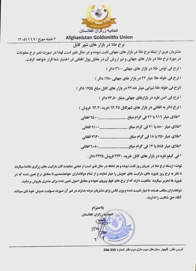نرخ طلا در افغانستان امروز چهارشنبه 9 ثور / اردیبهشت ۱۴۰۵ نرخ طلا در افغانستان امروز چهارشنبه 9 ثور / اردیبهشت ۱۴۰۵