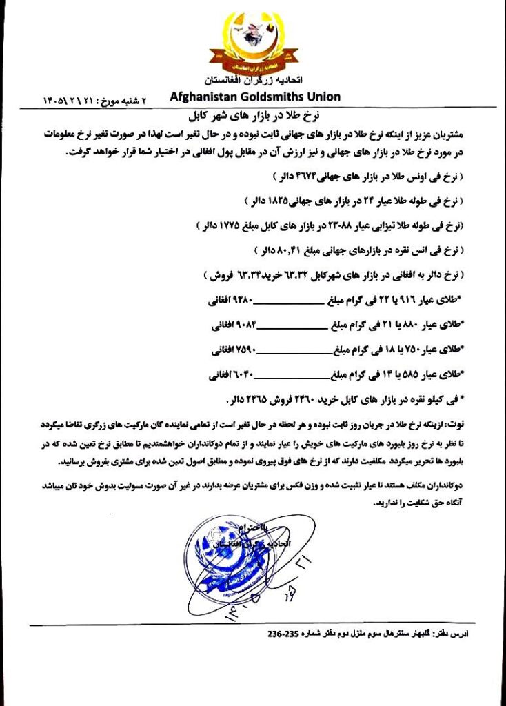 نرخ طلا در افغانستان امروز دوشنبه 21 ثور / اردیبهشت ۱۴۰۵ نرخ طلا در افغانستان امروز دوشنبه 21 ثور / اردیبهشت ۱۴۰۵