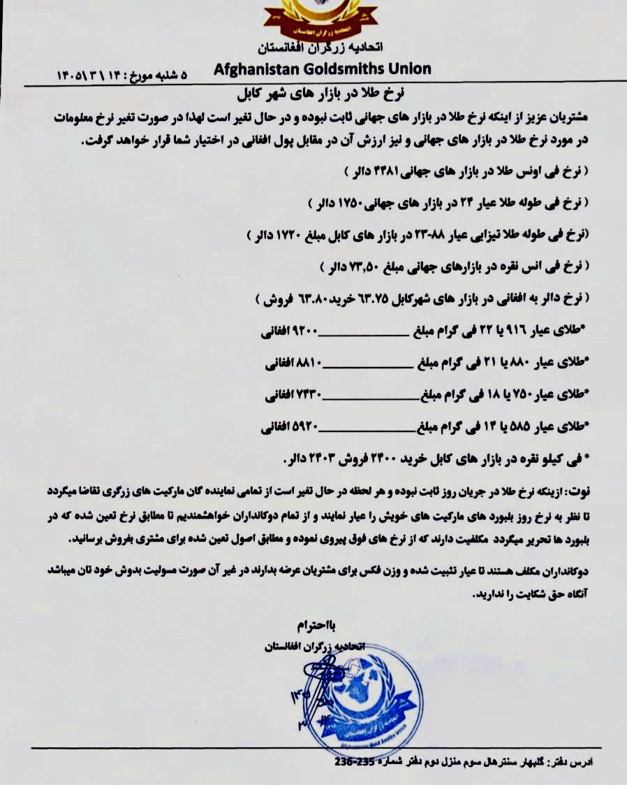 نرخ طلا در افغانستان امروز پنجشنبه 14 جوزا / خرداد ۱۴۰۵