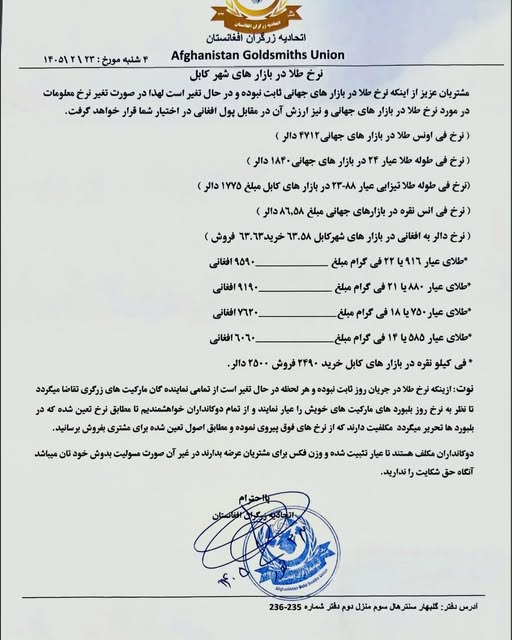 نرخ طلا در افغانستان امروز جمعه 25 ثور / اردیبهشت ۱۴۰۵ نرخ طلا در افغانستان امروز جمعه 25 ثور / اردیبهشت ۱۴۰۵