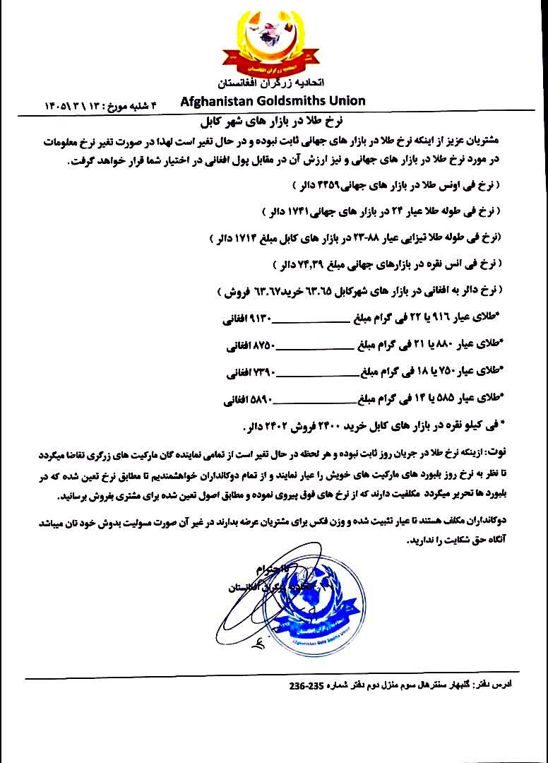 نرخ طلا در افغانستان امروز چهارشنبه 13 جوزا / خرداد ۱۴۰۵