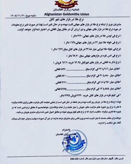 نرخ طلا در افغانستان امروز شنبه 23 جوزا / خرداد ۱۴۰۵ نرخ طلا در افغانستان امروز شنبه 23 جوزا / خرداد ۱۴۰۵