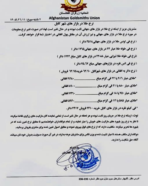 نرخ طلا در افغانستان امروز دوشنبه 11 جوزا / خرداد ۱۴۰۵ نرخ طلا در افغانستان امروز دوشنبه 11 جوزا / خرداد ۱۴۰۵