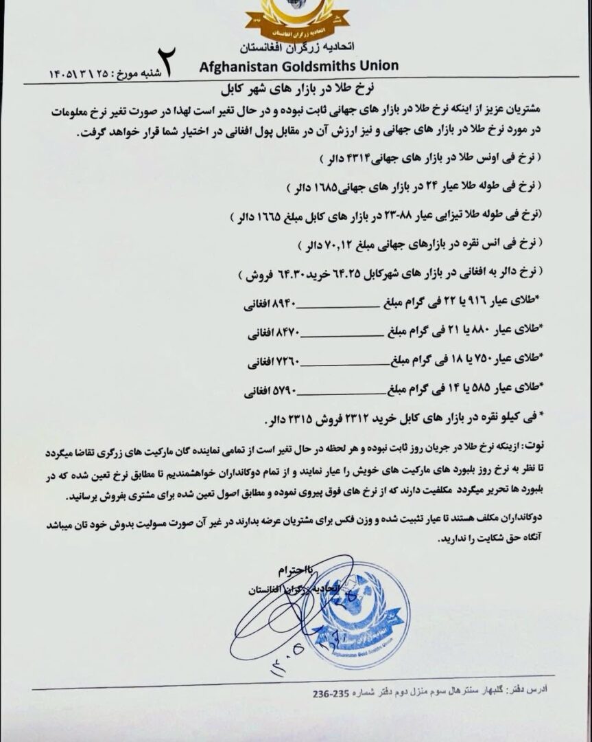 نرخ طلا در افغانستان امروز دوشنبه 25 جوزا / خرداد ۱۴۰۵