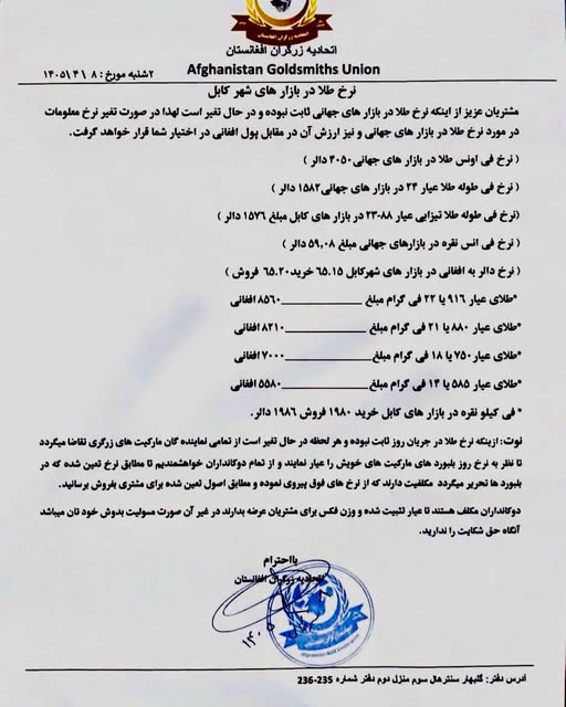 نرخ طلا در افغانستان امروز دوشنبه 8 تیر/ سرطان ۱۴۰۵ نرخ طلا در افغانستان امروز دوشنبه 8 تیر/ سرطان ۱۴۰۵