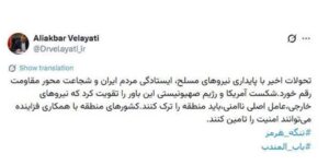 مشاور رهبر انقلاب اسلامی ایران: نیروهای خارجی باید منطقه را ترک کنند